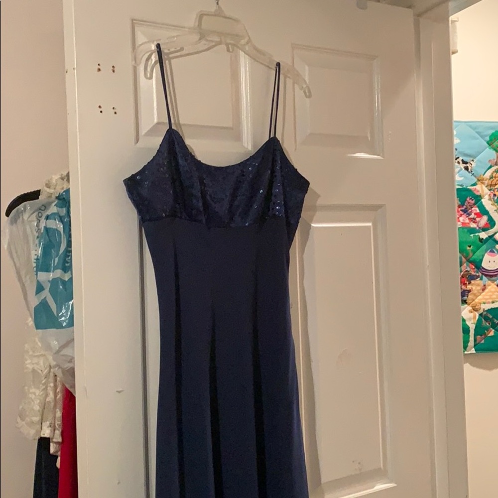 Linda Bernell long blue sequin prom dress